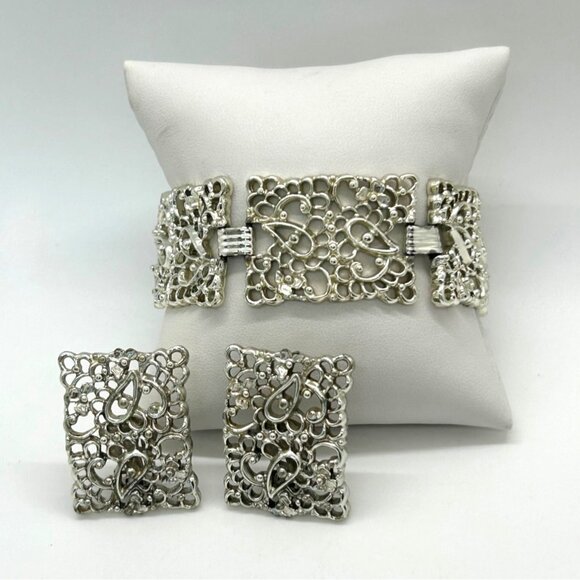 Statement Earring & Bracelet Set Paisley Filigree Panel Design Silver-Tone - Picture 2 of 14